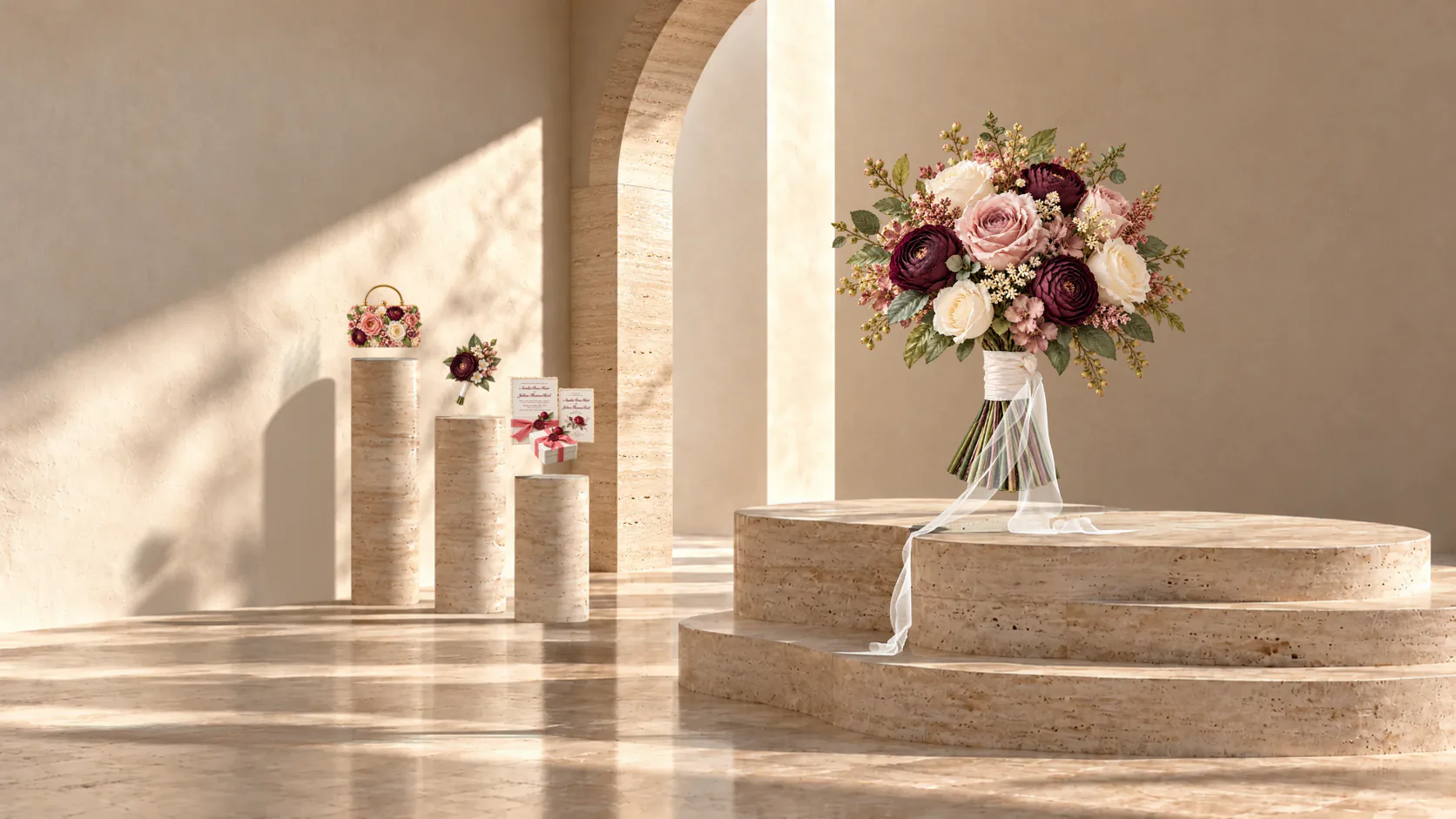 A bridal bouquet of burgundy, blush and ivory faux florals with long chiffon ribbon tails floats above a pale stone podium in warm sunlight; a floral clutch, a boutonniere and a wax-sealed wedding stationery suite float above three slim stone columns behind it