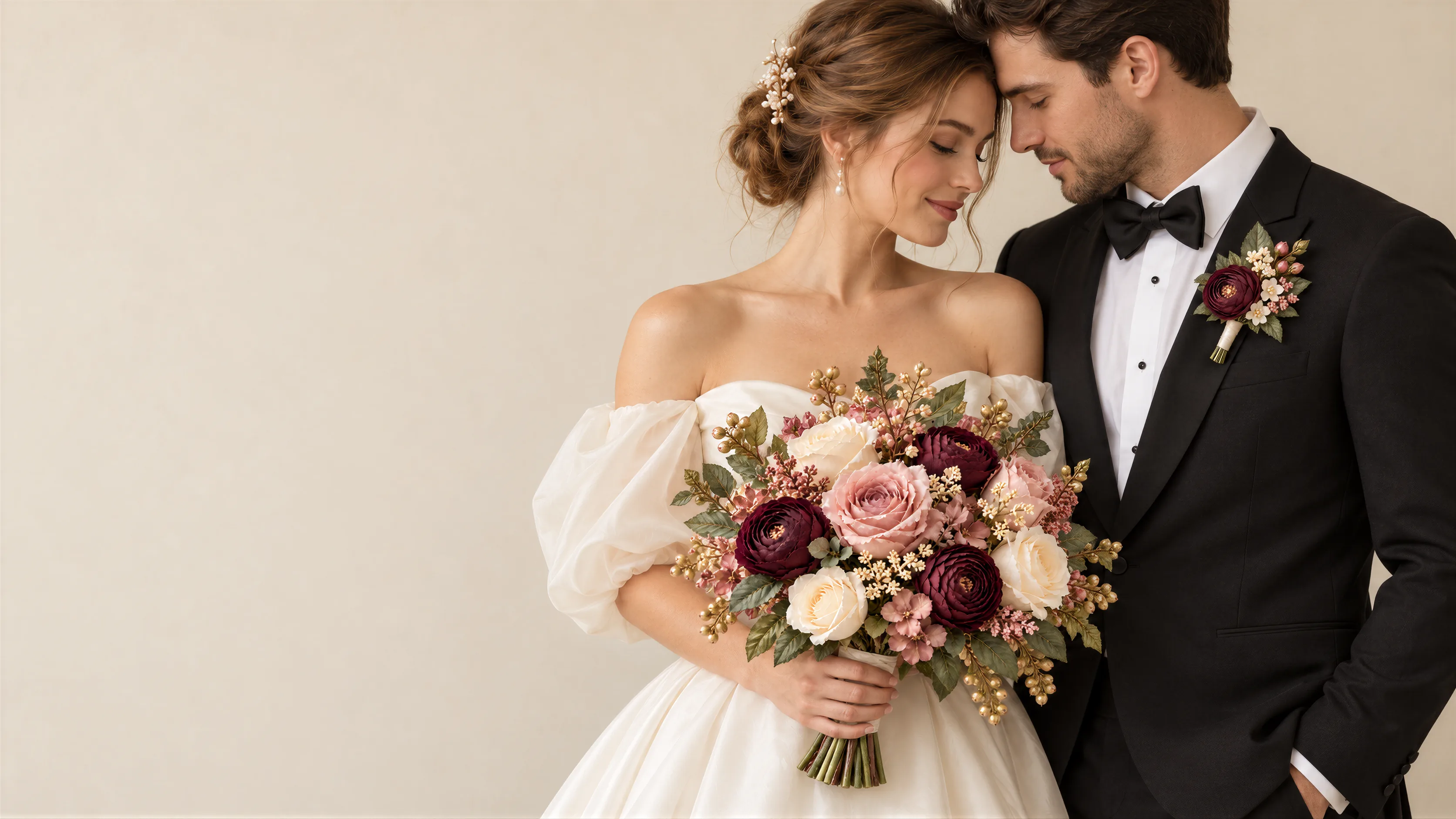A bride holding her bouquet of artificial flowers in burgundy, blush, ivory and gold, her forehead resting against the groom's, the matching boutonniere on his lapel