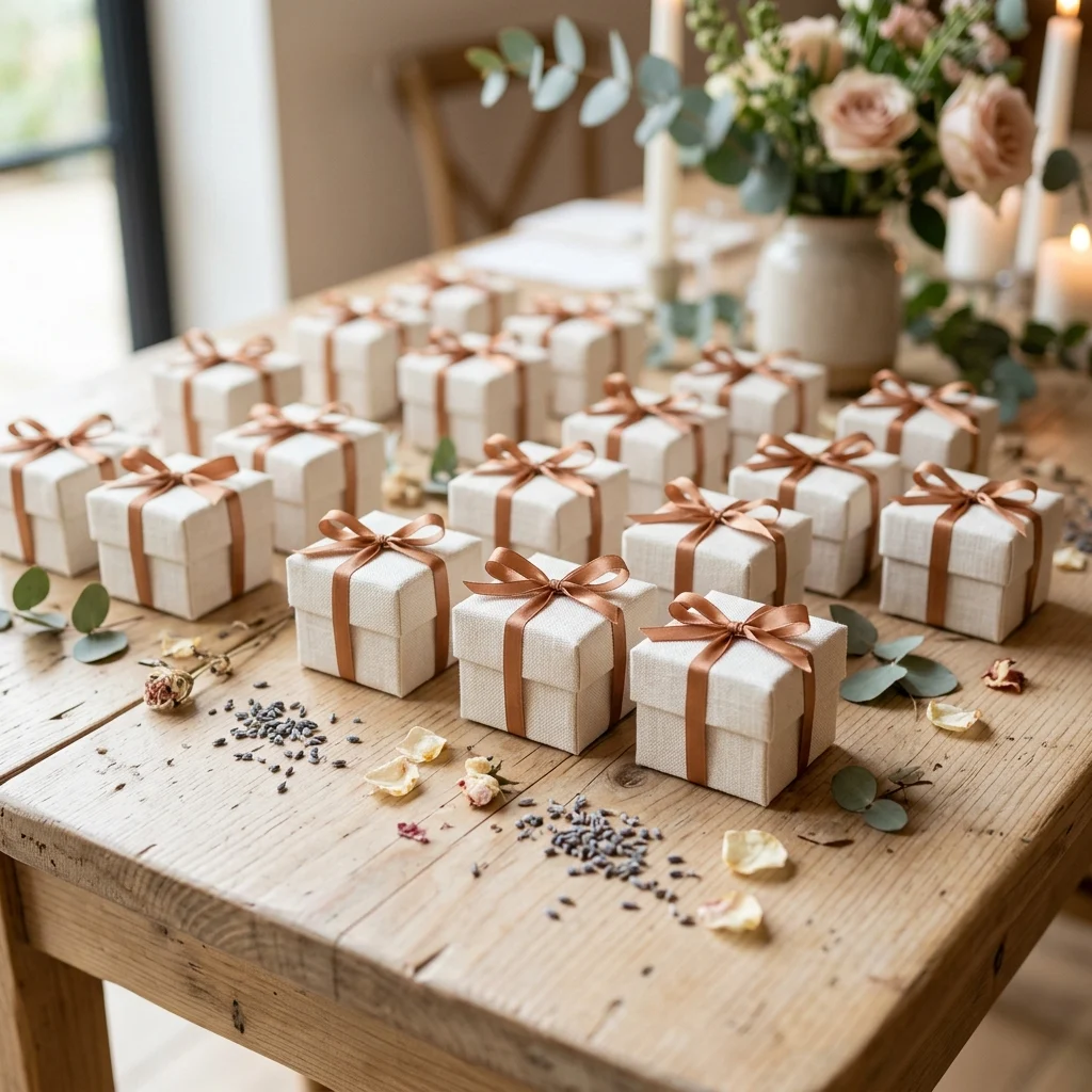Wrapped wedding favour gifts arranged on linen.
