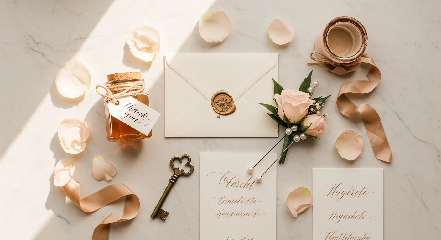 Wedding details flatlay with ribbon, boutonniere, stationery, and soft petals.